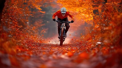 Mountain biker riding through autumn leaves.