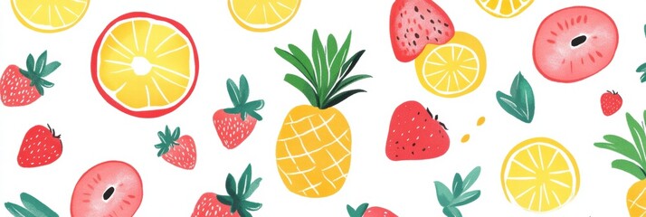 Aufkleber - Vibrant pattern of tropical fruits featuring slices of pineapple, strawberries, and citrus against a bright background. Generative AI