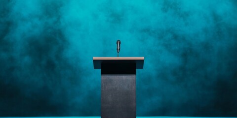 A sleek podium with a microphone stands against a vibrant teal background, ideal for speeches or presentations.