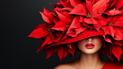 Woman wearing a vibrant red hat made of poinsettia flowers with striking lips against a dark background