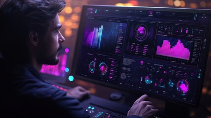 A person analyzing data on a high-tech computer interface.