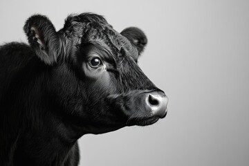 Close-up black and white portrait of a young Aberdeen Angus bull, showcasing its fur and expressive eyes.