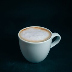 Hot cappuccino with milk foam in a white cup, isolated on a black background.