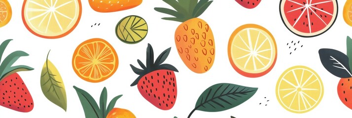 Poster - Vibrant pattern showcasing tropical fruits like pineapples and strawberries on a bright white background. Generative AI