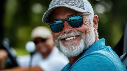 Wall Mural - A bearded man in a cap and sunglasses enjoys a sunny day on the golf course, his smile reflecting the joy and relaxation associated with outdoor leisure activities.