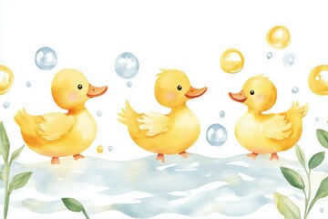 Wall Mural - Watercolor illustration featuring a horizontal of small yellow carved ducks and soap bubbles suitable for fabric textile children s clothing wallpaper wrapping paper and packaging design