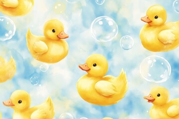 Wall Mural - Watercolor illustration featuring a horizontal of small yellow carved ducks and soap bubbles suitable for fabric textile children s clothing wallpaper wrapping paper and packaging design 