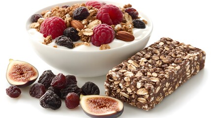 Wall Mural - A bowl of yogurt with granola, raspberries, and raisins sits beside a chocolate granola bar and fresh figs. A healthy and delicious breakfast or snack option.