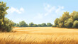 © Thiago - Sunlit vast open field with dry grass and trees, dry grass, field, trees. Sunlit. Illustration
