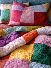 Sticker - Multicolored Quilt and Pillows on Bed