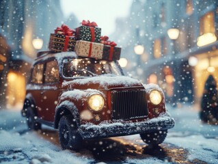 Wall Mural - Car with Christmas presents in snowy weather