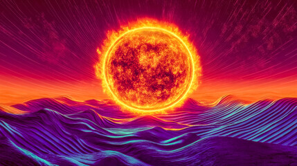 Wall Mural - Virtual sun shining over a wavy landscape with purple and turquoise colors
