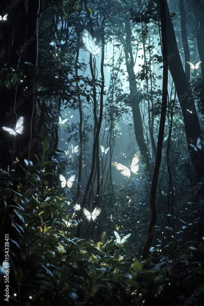 A mystical forest lit by moonlight, with mythical creatures like nymphs ...