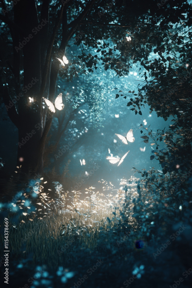 ภาพประกอบ Stock A mystical forest lit by moonlight, with mythical ...