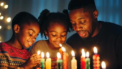 Wall Mural - A man and two children are gathered around a table with lit candles