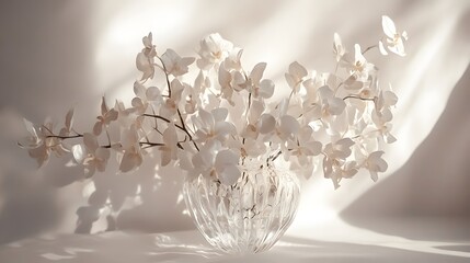 Canvas Print - Elegant white orchids arranged in a clear glass vase, bathed in soft sunlight. The delicate blooms and their shadows create a serene and sophisticated atmosphere.