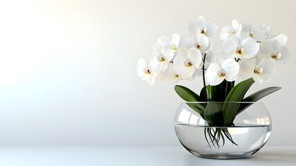 Canvas Print - Elegant white orchids arranged in a clear glass bowl, set against a minimalist white background.  Perfect for spa, home decor, or serenity themes.