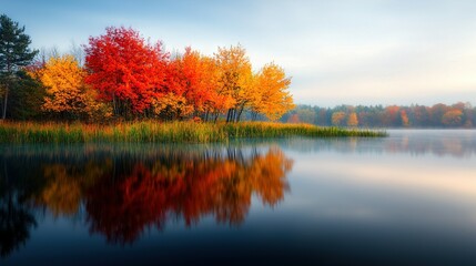 Wall Mural -  Water surrounded by trees with reddened foliage