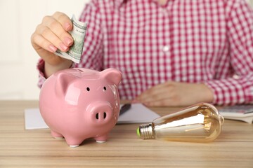 Wall Mural - Woman putting dollar banknote into piggy bank at wooden table, closeup. Energy saving concept