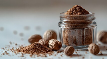 Canvas Print - Close-up of ground nutmeg in a glass jar with whole nutmeg seeds scattered around.