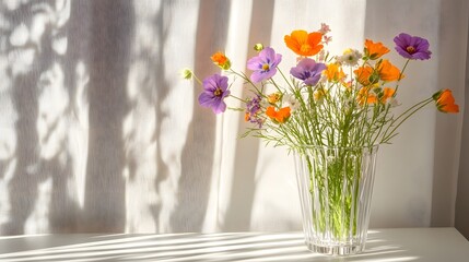 Canvas Print - Vibrant cosmos and wildflowers in a clear glass vase, bathed in sunlight streaming through a sheer curtain. The scene is peaceful and evokes a feeling of summer.