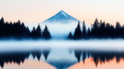 Canvas Print -   A mountain in the distance with trees in the foreground and a body of water in the foreground shrouded in fog