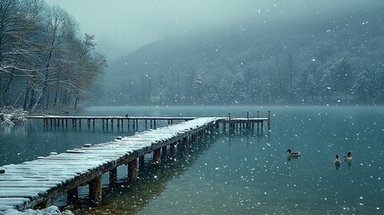 Wall Mural -   A pair of ducks swimming atop a lake near a snow-covered pier as snowflakes descend upon the ground below