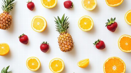 Poster - Colorful assortment of tropical fruits showcases ripe strawberries, juicy oranges, and a whole pineapple against a light backdrop