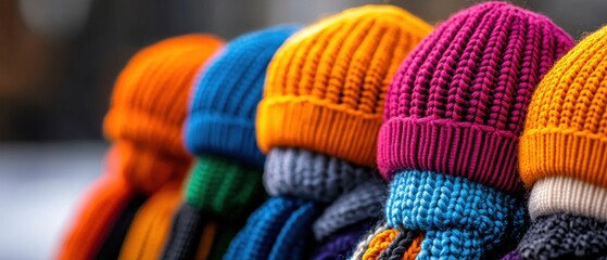 Wall Mural - Display of colorful crochet hats and scarves in a craft market