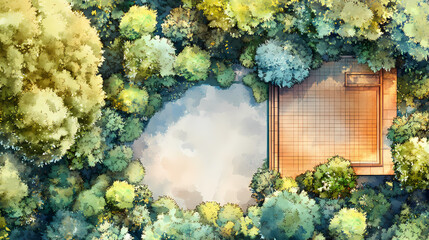 Fototapete - Landscape plan and architecture layout watercolor tree top view. Pinnacle. Illustration