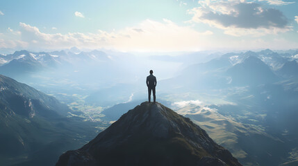 Wall Mural - Business concept, wide angle view of a one single businessman standing on the top of a mountain, observing the land downthere. Pinnacle. Illustration