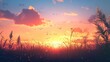 © YauheniB - Atardecer en campo abierto con hierba y aves volando