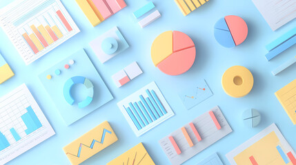 Wall Mural - Financial analysis paperwork with bar graphs and pie charts, 3d illustration, flat design, top view, business finance theme, animation, colored pastel. Pinnacle. Illustration