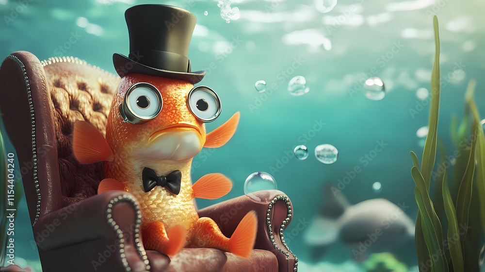 Cartoon Pinnacle A cartoon of a fish wearing a monocle and a tiny top hat, sitting in an ...