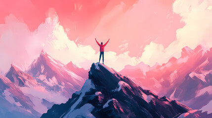 Wall Mural - A happy person standing on top of a mountain with raised hands and a breathtaking view of mountains, generative ai. Pinnacle. Illustration