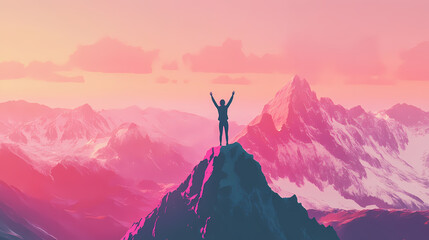 Wall Mural - A happy person standing on top of a mountain with raised hands and a breathtaking view of mountains, generative ai. Pinnacle. Illustration