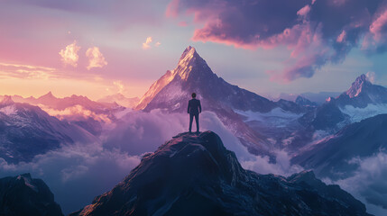 Wall Mural - man stands mountain