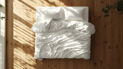 Wall Mural - A top view of a made bed with white sheets and pillows on a wooden floor. Pinnacle. Illustration