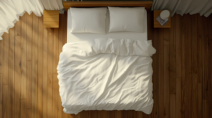 Wall Mural - A top view of a made bed with white sheets and pillows on a wooden floor. Pinnacle. Illustration