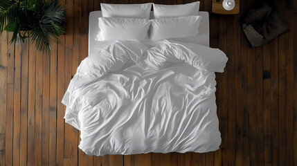 Wall Mural - A top view of a made bed with white sheets and pillows on a wooden floor. Pinnacle. Illustration