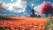 © banyu bening - Idyllic windmill scene in a vibrant orange tulip field, nestled against a majestic snow-capped mountain range under a sunny sky.