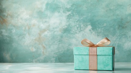 A small gift box wrapped in a turquoise paper with a golden ribbon is set against a teal textured backdrop, projecting style, elegance, and understated luxury.