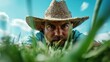 ©  Jovaduplex - An intense gaze of a farmer, dressed in rustic attire and straw hat, peering through the blades of grass under a clear blue sky, symbolizing dedication and resilience.