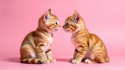 Wall Mural - two adorable orange tabby kittens face each other on a solid pink background. concept of valentine's