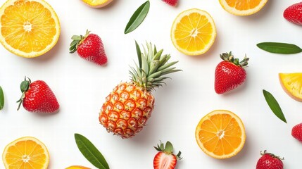 Poster - Colorful arrangement of tropical fruits featuring pineapple, oranges, and strawberries on a bright background. Generative AI