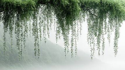 Poster -   A green-leafed tree, with branches hanging in front of a foggy, mountainous region and a bench in the foreground