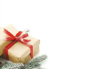 Christmas motifs are evident in gift boxes finished with craft paper. Beneath spruce branches dotted with wooden ornaments, Christmas gifts sit on a white background. The setting adheres to the