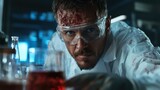 A focused scientist with protective glasses and a bloodied face analyzes red fluid samples, conveying themes of research intensity and dedication under pressure.