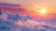 © Thiago - Create a vivid representation of an arctic tundra at dawn where the sun rises over the snowy plains and a pair of white wolves sprint joyously. Tundral. Illustration