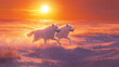 © Thiago - Create a vivid representation of an arctic tundra at dawn where the sun rises over the snowy plains and a pair of white wolves sprint joyously. Tundral. Illustration